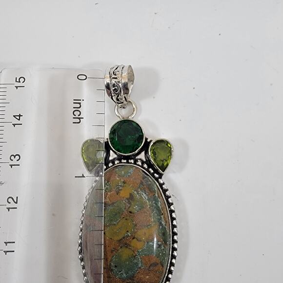 Handmade Silver Pendant with Rainforest Jasper and Green Gem Accents - Picture 3 of 10